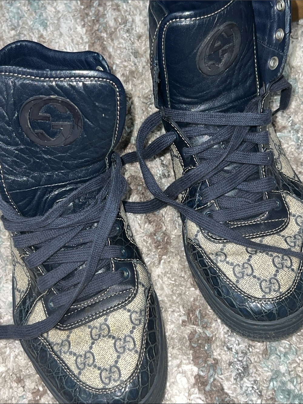 Gucci Navy Leather & Beige GG High-Top Sneakers - Picture 4 of 4